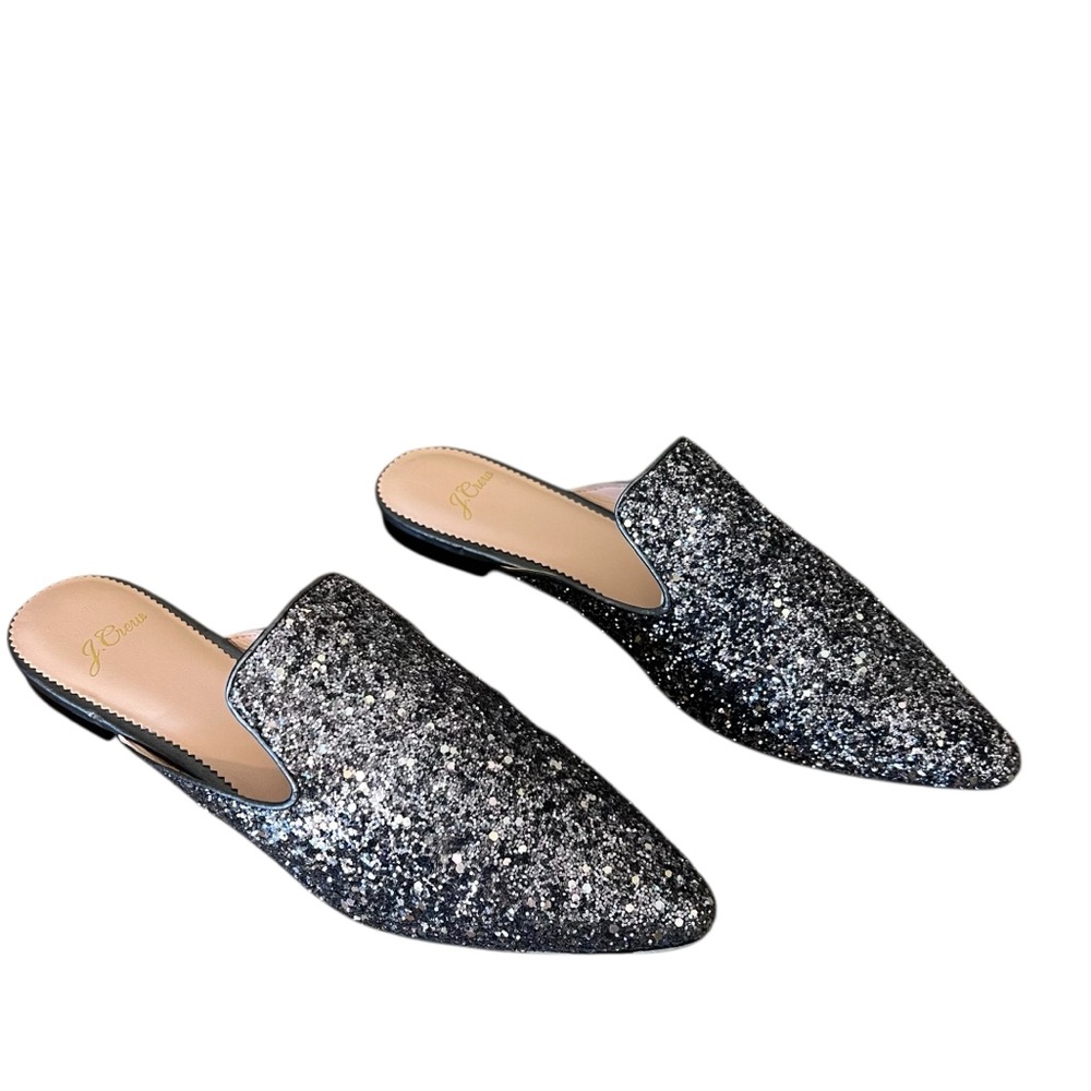 J. Crew pointed toe slides in glitter silver holiday party glam sz 8.5